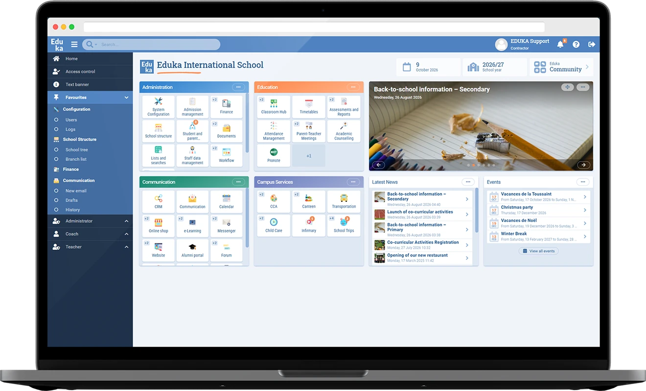 A school's Eduka platform homepage on a laptop, with its modules, news, events and dashboards