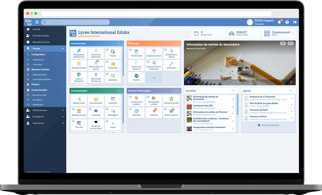 La page d’accueil de la plateforme Eduka d’un établissement sur un ordinateur portable, avec ses modules, ses actualités, son agenda et ses tableaux de bord