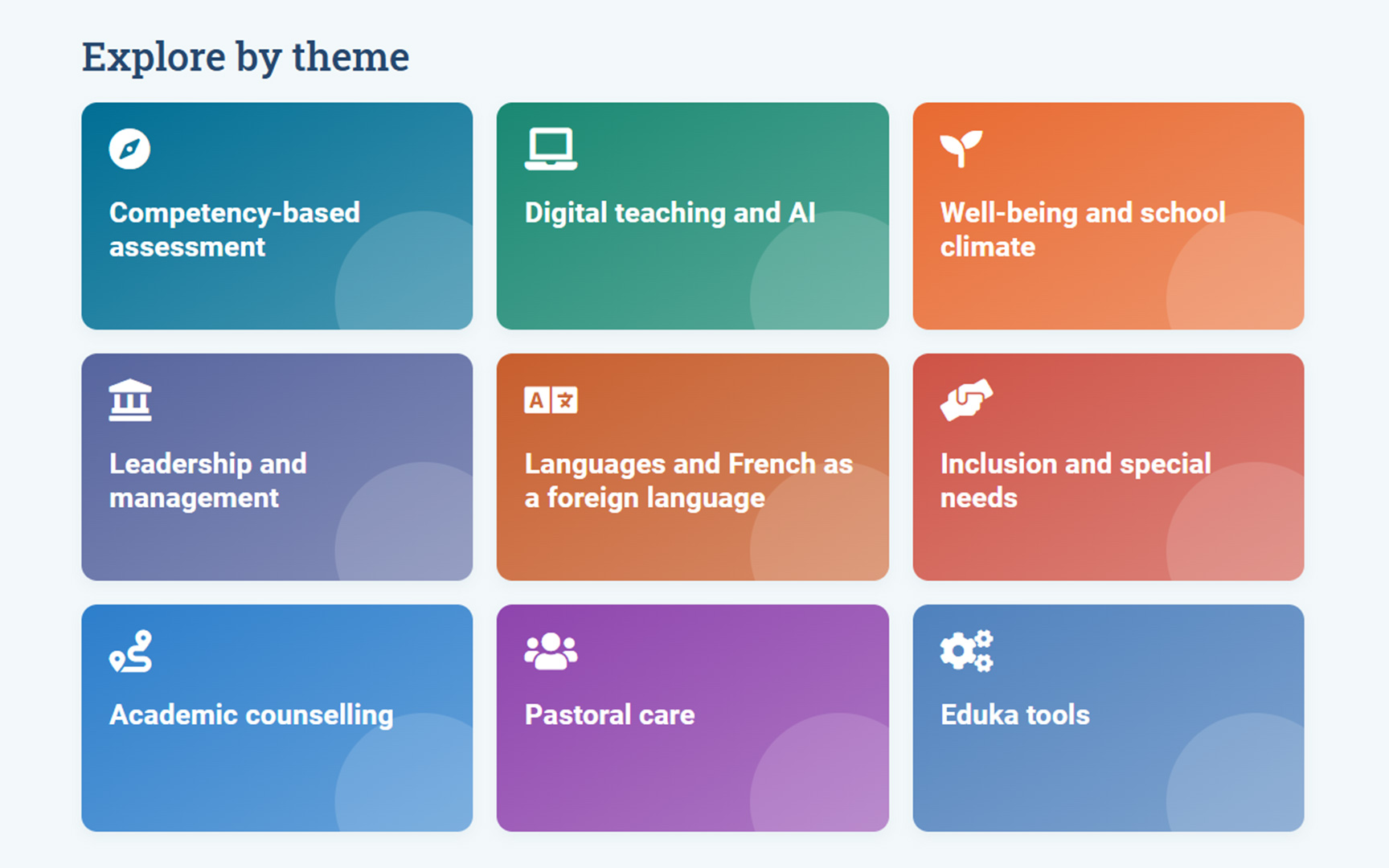 Explore by topic in the Eduka Learning Hub: the nine topics of the trainer catalogue