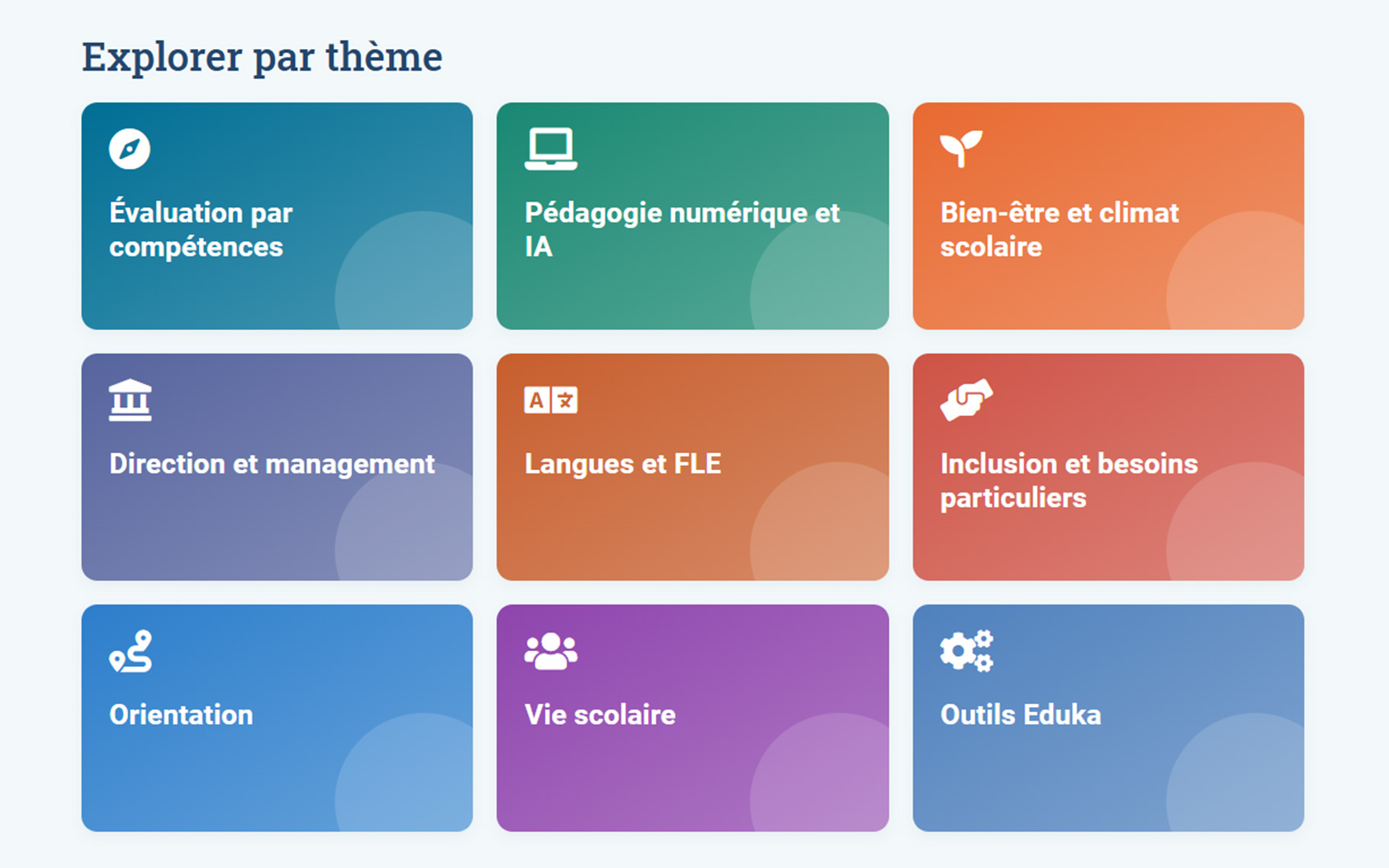 Explorer par thème dans le Learning Hub : les neuf thèmes du catalogue de formateurs