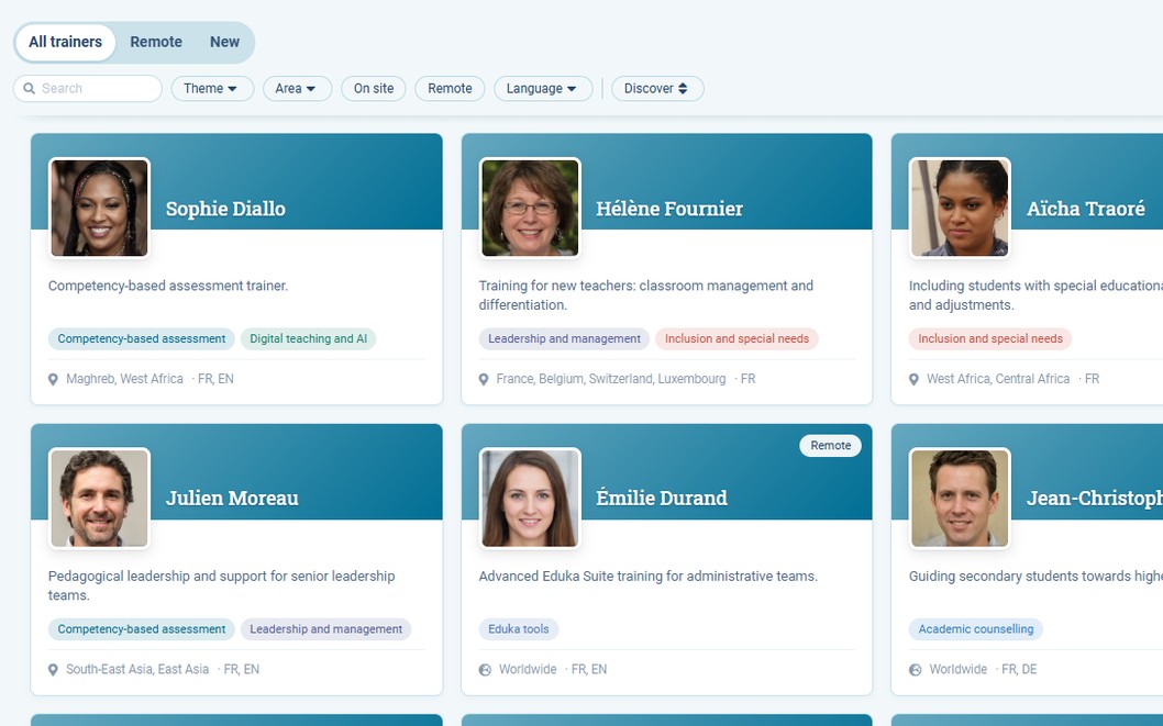 The Learning Hub trainer catalogue: trainer cards with their topics, area and languages