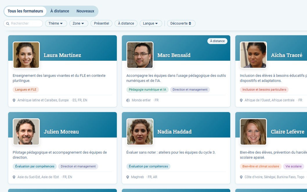 Le catalogue des formateurs du Learning Hub : leurs fiches, avec thèmes, zone d’intervention et langues