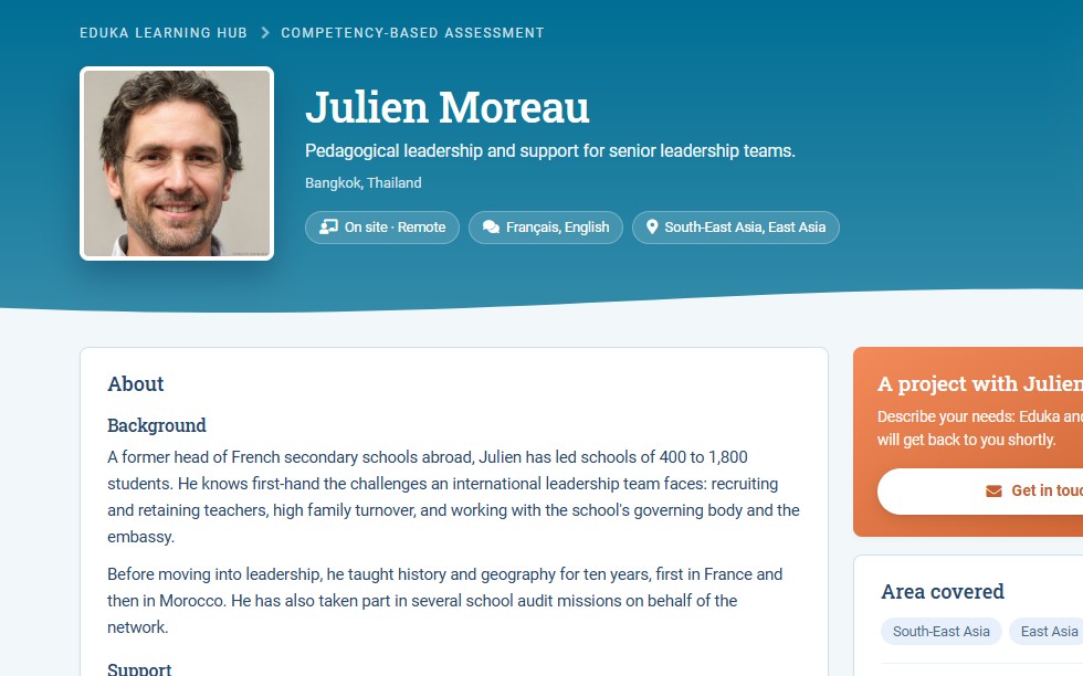 A trainer profile in the Learning Hub: background, formats, languages and area covered