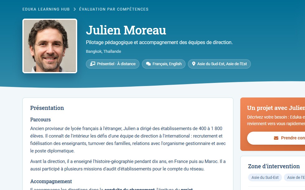 La fiche d’un formateur dans le Learning Hub : parcours, modalités, langues et zone d’intervention