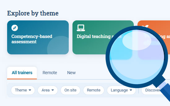 Searching the Learning Hub: browse trainers by topic and filter by area, format and language
