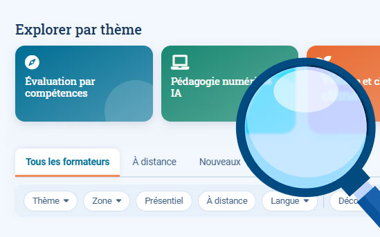 Rechercher dans le Learning Hub : parcourir les formateurs par thème et filtrer par zone, modalité et langue