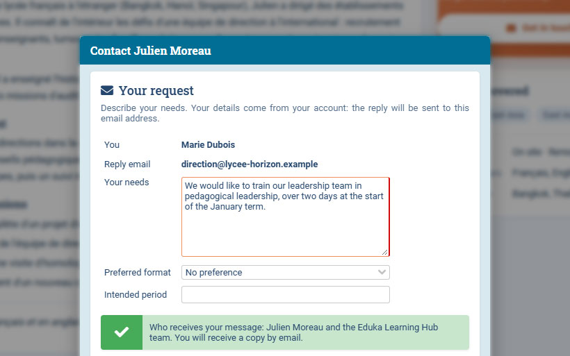 Contacting a trainer from the Learning Hub: the school describes its needs, preferred format and period