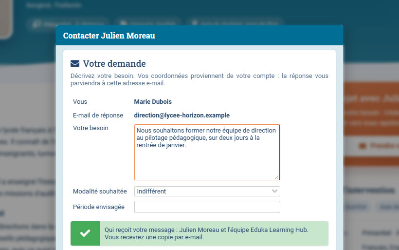 Contacter un formateur depuis le Learning Hub : l’établissement décrit son besoin, la modalité et la période souhaitées