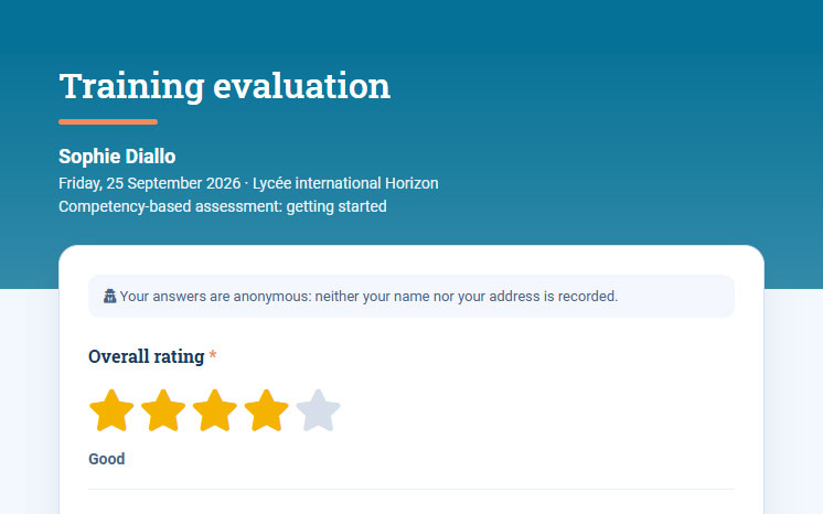 Anonymous training evaluation: participants rate the training with stars, and their answers are not linked to their name