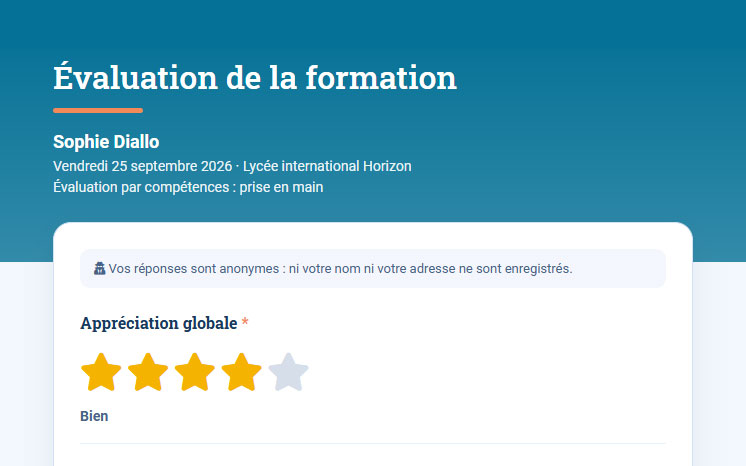 Évaluation anonyme de la formation : les participants la notent avec des étoiles, sans que leurs réponses soient liées à leur nom