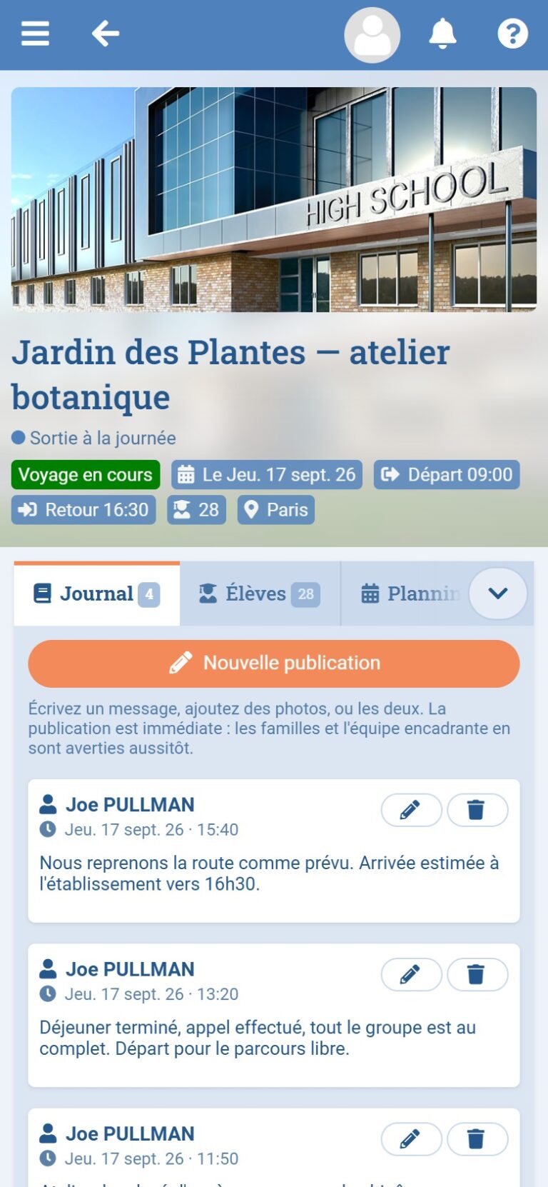 Journal de sortie scolaire sur mobile : publications horodatées adressées aux familles pendant la sortie