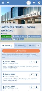Trip journal on a phone: timestamped updates published to families live during a school trip