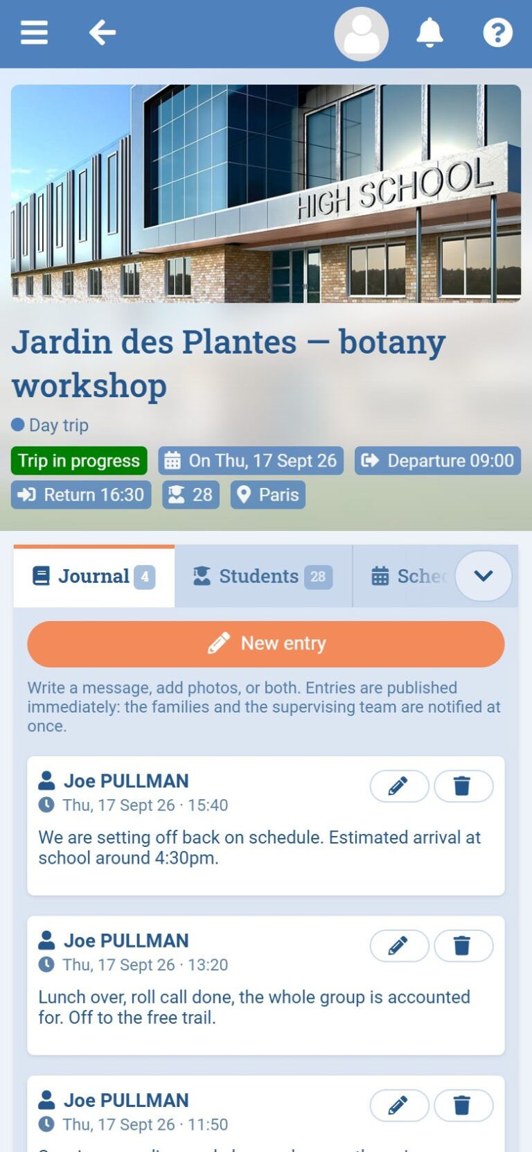 Trip journal on a phone: timestamped updates published to families live during a school trip