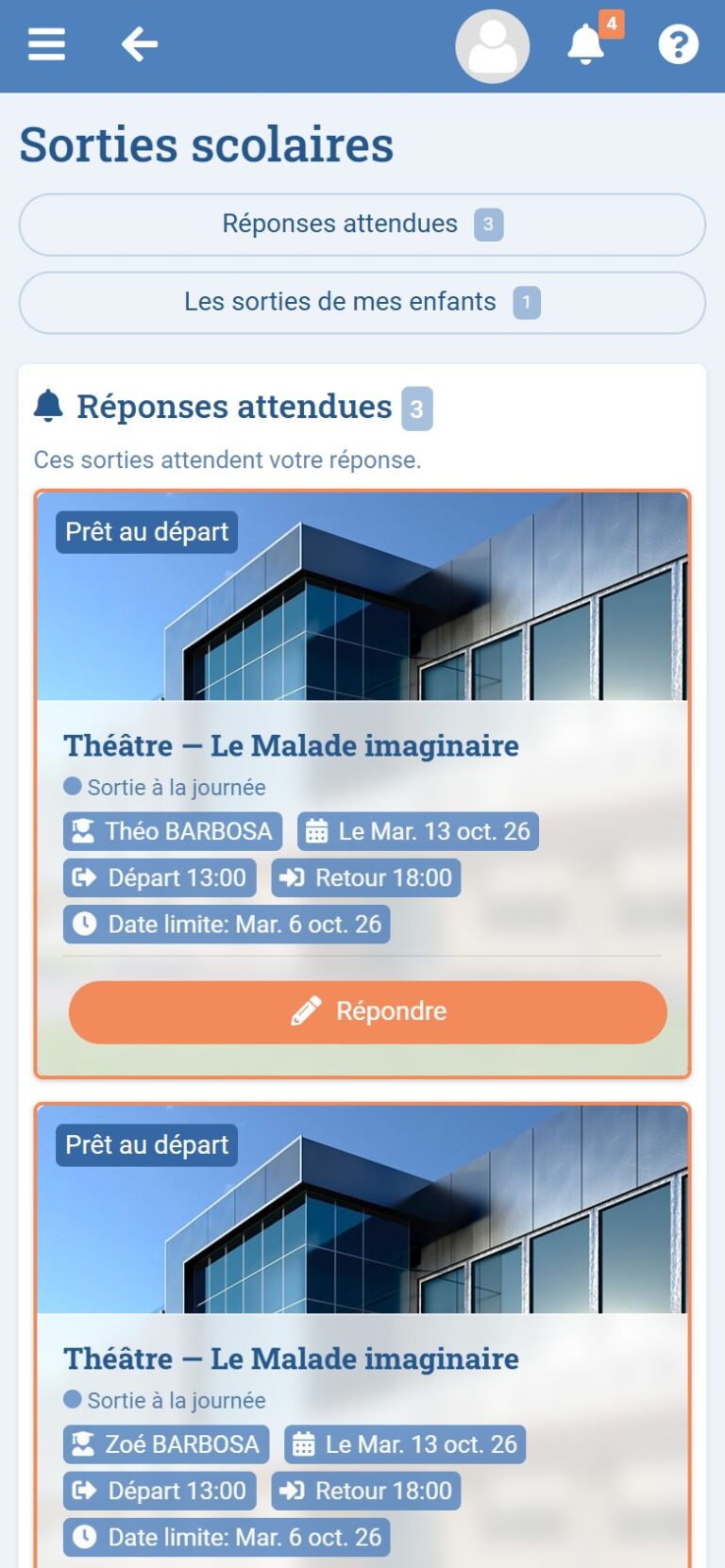 Portail parents sur mobile : autorisations de sortie scolaire en attente, avec échéance et bouton de réponse