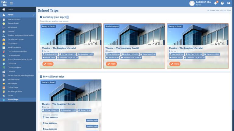 Parent portal showing three school trip authorisations awaiting reply, one per child, each with a deadline