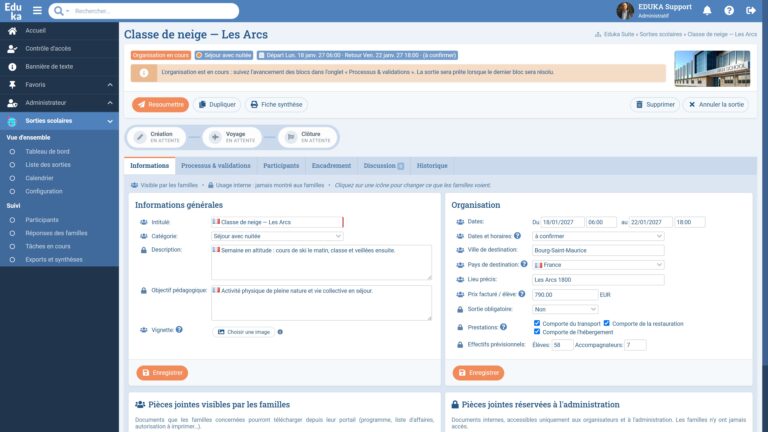 Fiche d'un séjour scolaire : étapes de validation, informations générales et effectifs prévisionnels