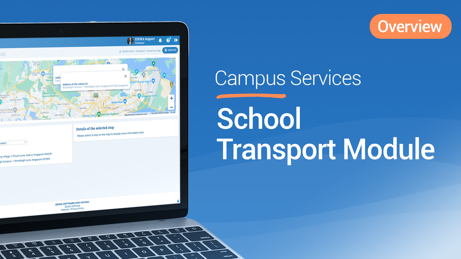Video thumbnail: an overview of the Eduka School Transport module, showing the interactive stop map