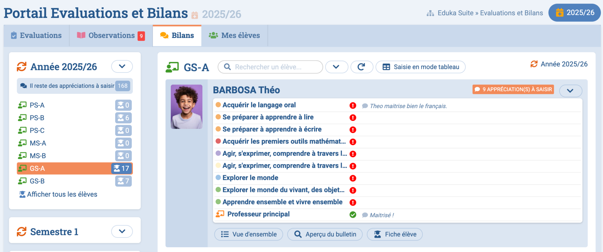 Saisie des appréciations d’un élève dans le module Évaluations et Bilans d’Eduka