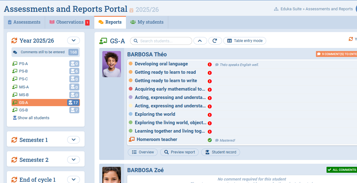 Report comments for a student in Eduka’s Assessments and Reports module