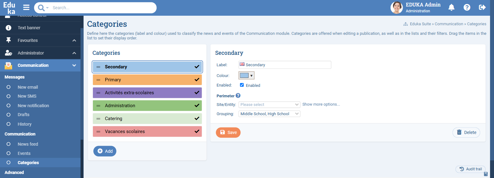 Eduka Communication module settings: colour-coded categories such as Primary, Secondary, Catering and Administration