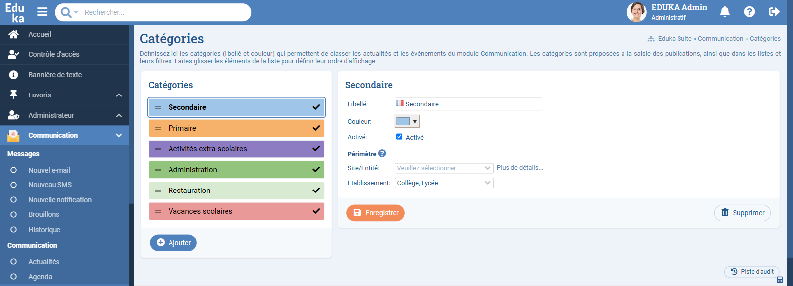 Paramétrage des catégories du module Communication d'Eduka : étiquettes de couleur par thématique